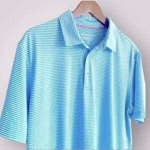 MICHEL ROUEN Performance Striped Polo Shirt | Aqua & White |‎ Size Large